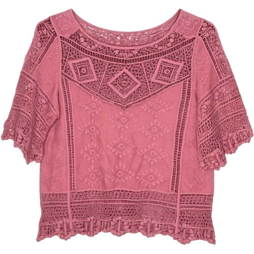 DEMOCRACY CROCHET EMBROIDERED MACRAME BOHO WESTERN CASUAL CHIC EVERYDAY BLOUSE